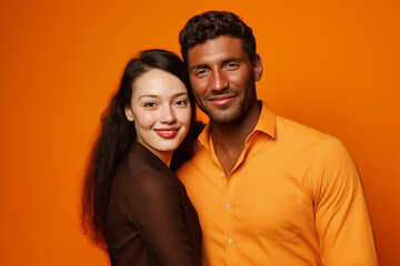 Fototapeta premium Le portrait d'un jeune couple mixte, souriant, heureux, sur un fond coloré isolé orange.
