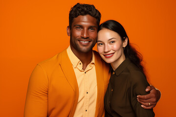 Le portrait d'un jeune couple rempli de bonheur sur un fond coloré uni