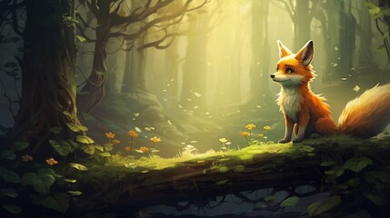 Cartoon fox in the forest .