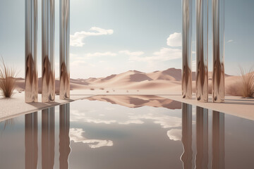 Product display on surreal desert background. Podium showcase on sand dunes, water, chrome columns. Empty space
