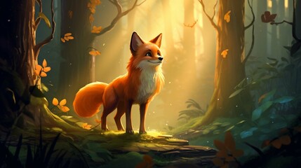 Cartoon fox in the forest .