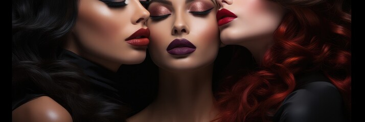 Three beautiful woman with lips are tinged with dark colors, Banner. - obrazy, fototapety, plakaty