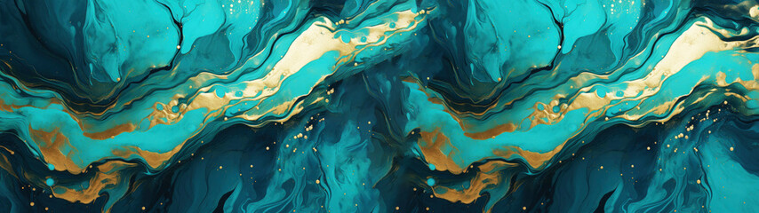 Marbled background banner panorama, blue, golden, turquoise, abstract, luxurious, elegant, marble...