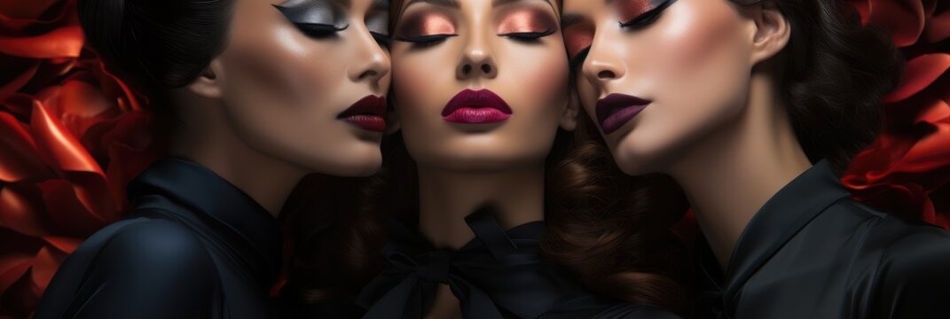 Three beautiful woman with lips are tinged with dark colors, Banner.