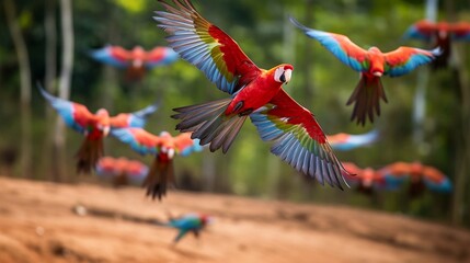 Flock of scarlet and red-and-green macaws flying in Amazonas rainforest in Manu National Park/Peru close to chinch clay lick in Tambopata 