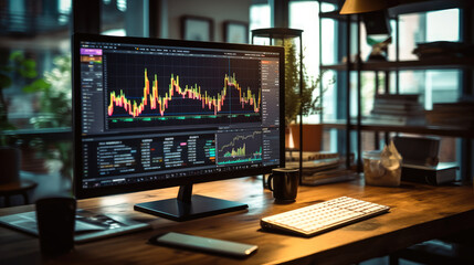Modern office desk with computer monitor and chart data analysis generated by artificial intelligence, trading stocks online.