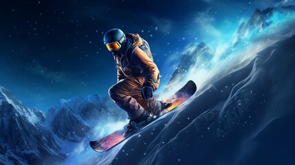  Snowboarder in the mountains riding snowboard, blue light, neon palette