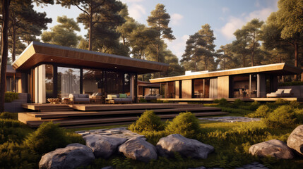 1 floor project of house with touch of nature. Modern wood home.