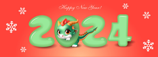 Greeting Card Design. 2024- 3D digits with a cute cartoon dragon