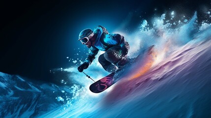  Snowboarder in the mountains riding snowboard, blue light, neon palette