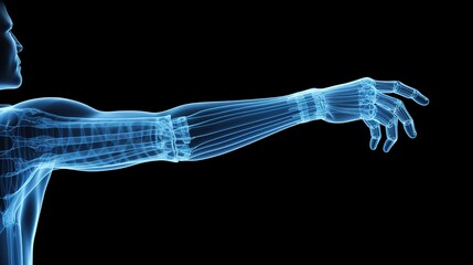 Orthopedic Excellence, Detailed X-Ray of a Male Human Arm in Blue Tones on a Black Background - Ideal for Precise Medical Imaging and Diagnosis
 - obrazy, fototapety, plakaty