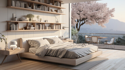 Fototapeta na wymiar Luxury Bedroom Interior in pastel colors. Spring outside the window