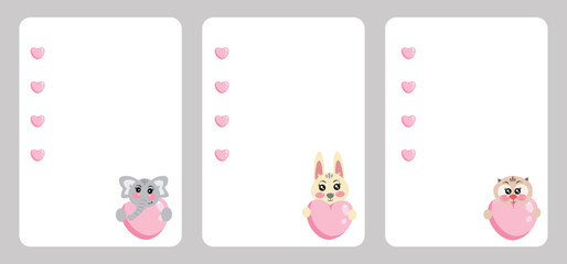 Style note organizer, check list, to do list with kawaii animals. Printable notes with bunny, elephant and cat. Ready for print. Scrapbook, diary, page notebook, daily planner. Stationery for kids