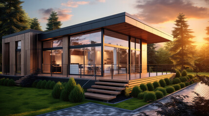 Lovely house with large windows, great for nature lovers. 3D render of modern home.