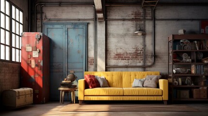 Loft interior with sofa, vintage, and locker