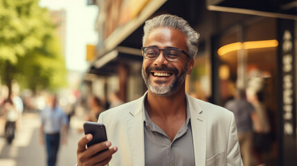 Smiling businessman using smartphone on city street.