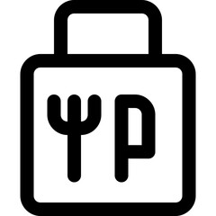 Food bag in outline icon. Food delivery, fork, knife, cutlery, package