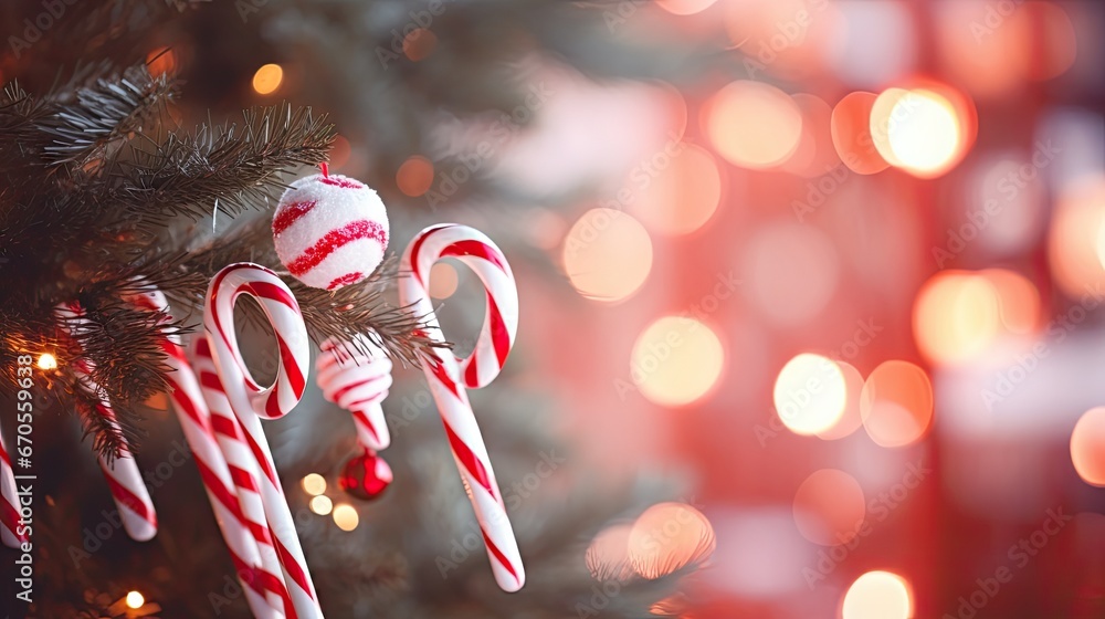 Poster a christmas tree with candy canes hanging from it's branches in front of a blurry background of ligh