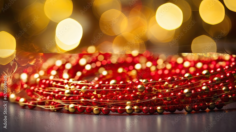 Poster a close up of a string of red beads on a table with a blurry background of lights in the background.