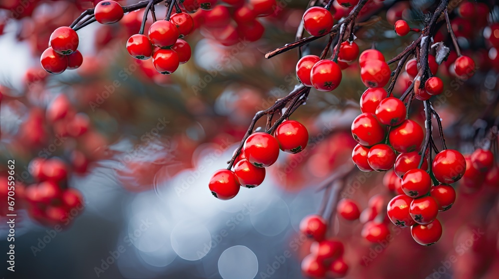 Poster a close up of a bunch of red berries hanging from a tree with a blurry background of trees in the ba
