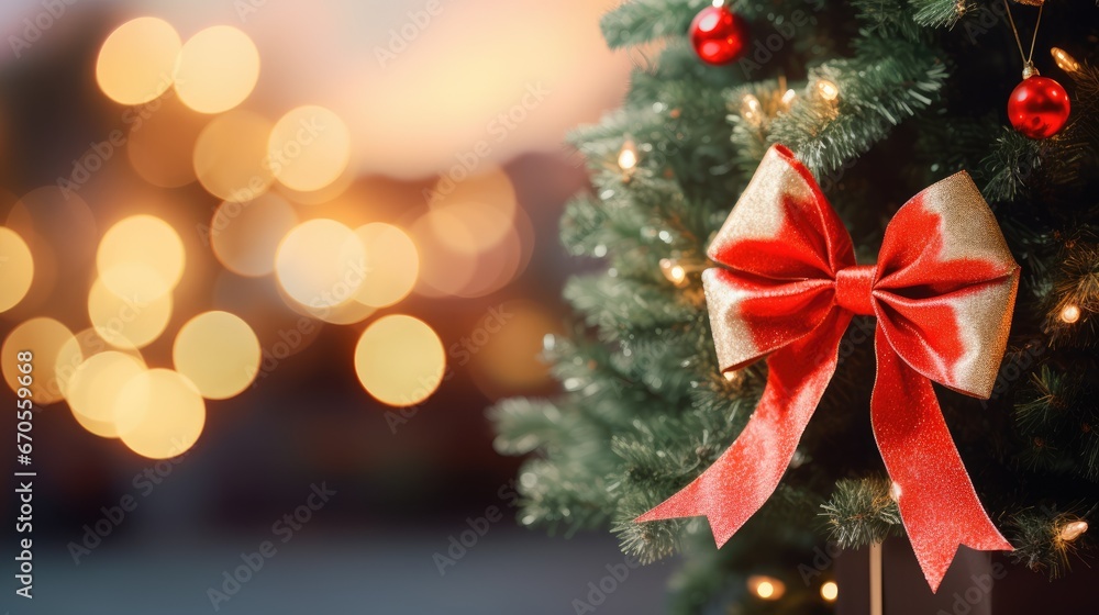 Poster a close up of a christmas tree with a red bow on it's bow and lights in the background. generative a