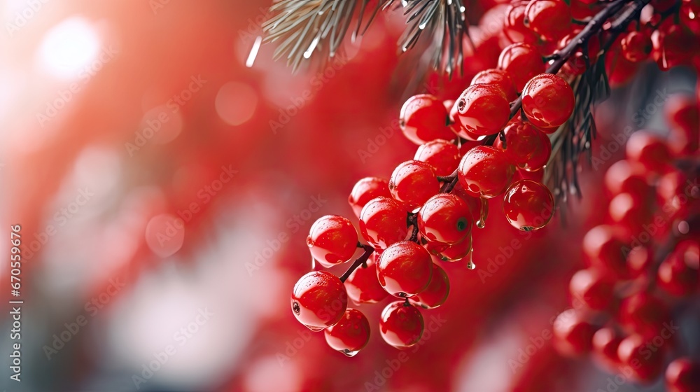 Aufkleber a branch of a tree with red berries hanging from it's branches and a blurry background of pine cones