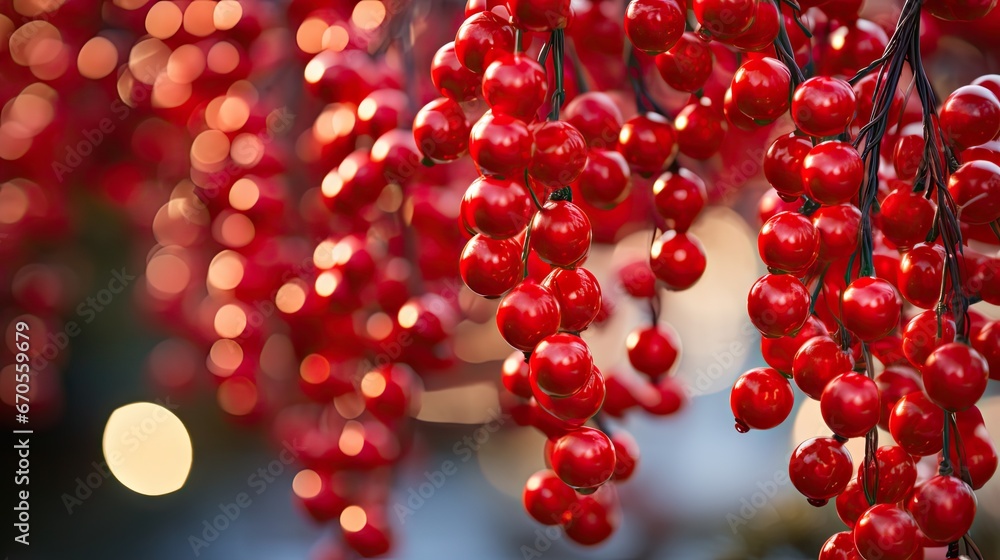 Poster a close up of a bunch of cherries hanging from a tree with a blurry background of lights in the back