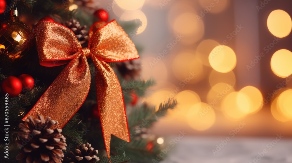 Aufkleber a close up of a christmas tree with a red ribbon and a pine cone with a red bow on it. generative ai