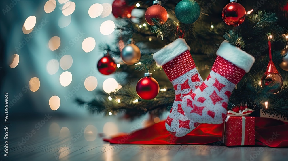 Poster a close up of a christmas stocking on a table next to a christmas tree with lights in the background
