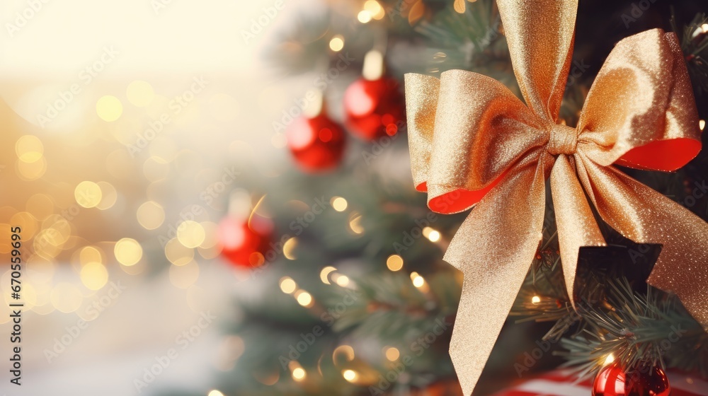 Poster a close up of a christmas tree with a large bow on it's head and lights in the background. generativ