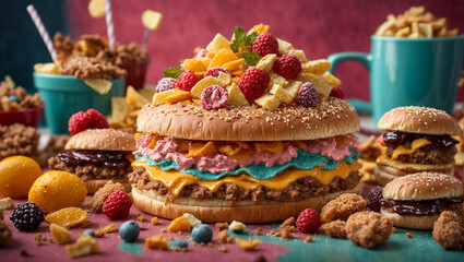 assorted junk food. Unhealthy products. Assortment of fast carbohydrates food.