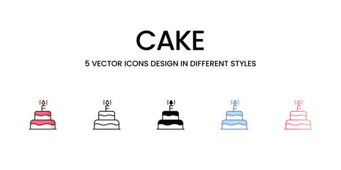 Cake Icons Design in Five style with Editable Stroke. Line, Solid, Flat Line, Duo Tone Color, and Color Gradient Line. Suitable for Web Page, Mobile App, UI, UX and GUI design