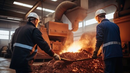 Workers in a biomass power plant feeding wood chips into a furnace for energy production.