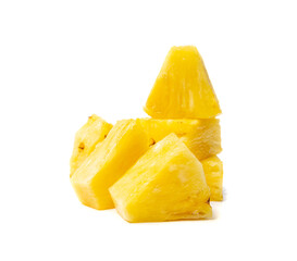 Pineapple Cuts Isolated, Raw Ananas Pieces, Comosus Tropical Fruit Chunks, Ripe Pine Apple Slices on White