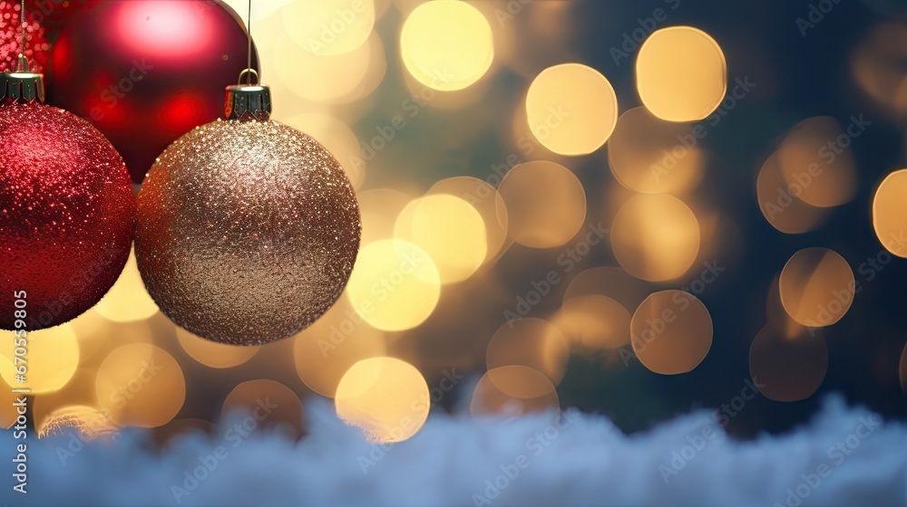 Poster three red and gold ornaments hanging from a string on a snowy surface with a boke of lights in the b