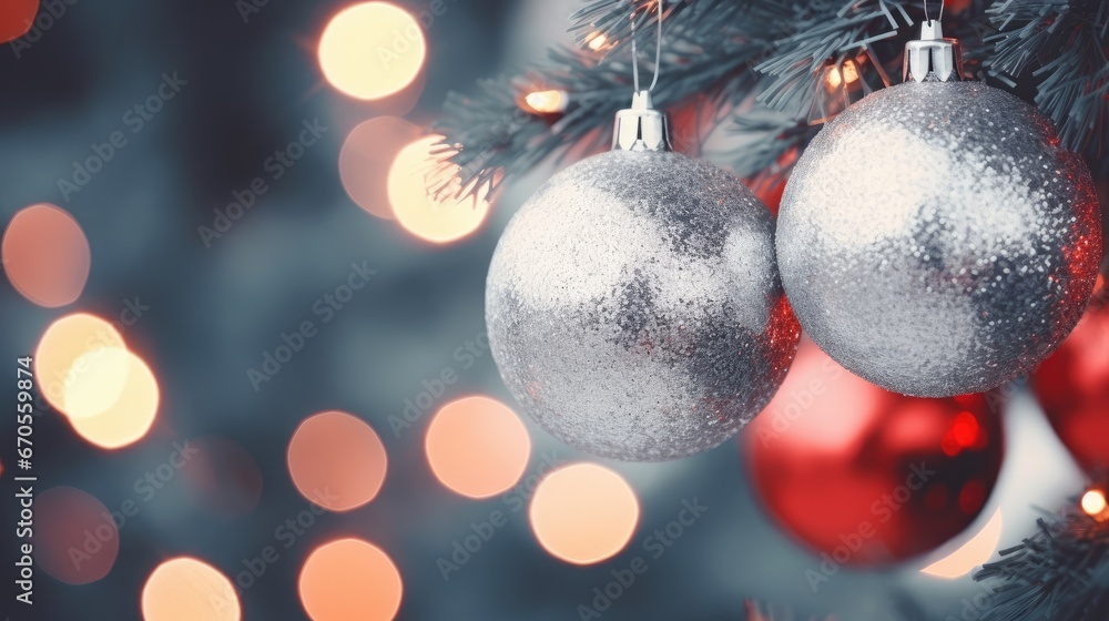 Poster a close up of a christmas tree with two ornaments hanging from it's branches and a boke of lights in
