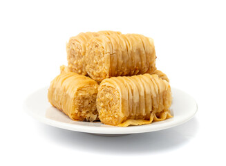 Rolled Baklava Isolated, Ramadan Dessert Roll on Restaurant Plate, Eastern Sweet Pastries