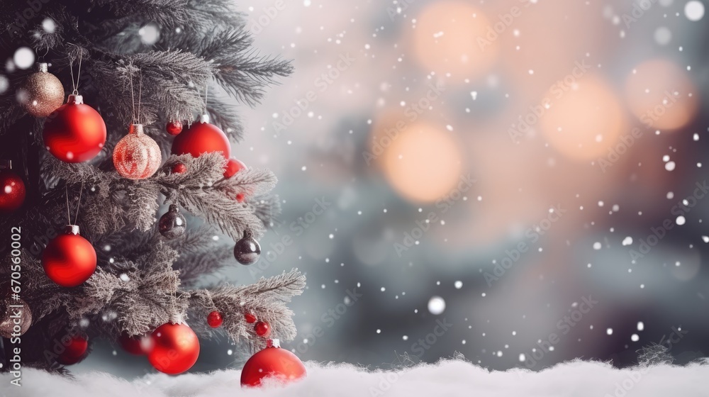 Poster a christmas tree with ornaments hanging from it's branches in front of a window with snow falling on