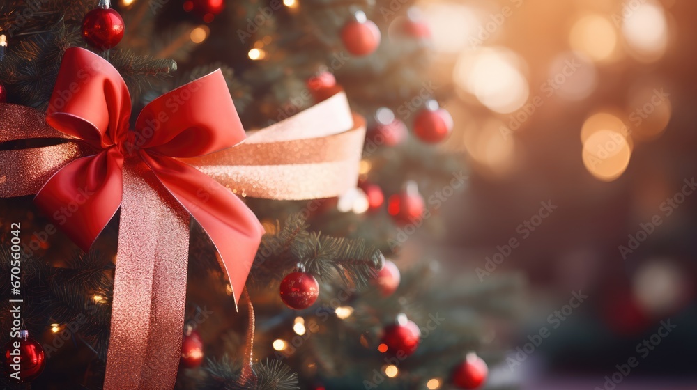 Aufkleber a close up of a christmas tree with a red ribbon and a bow on the top of the tree with lights in the