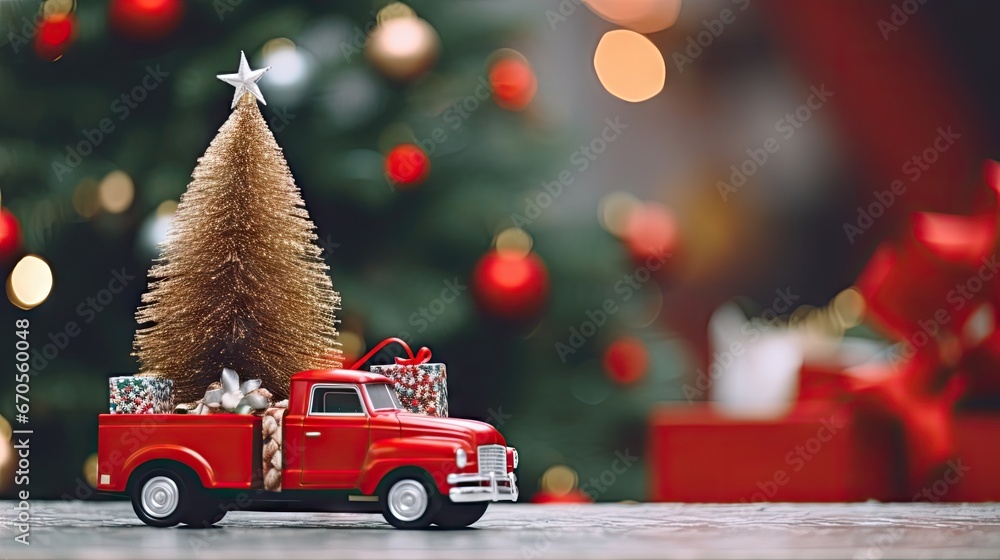 Poster a red truck with a christmas tree on the back of it sitting in front of a christmas tree with a star