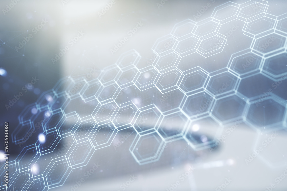 Poster double exposure of abstract virtual technology hologram with hexagon on empty corporate office backg