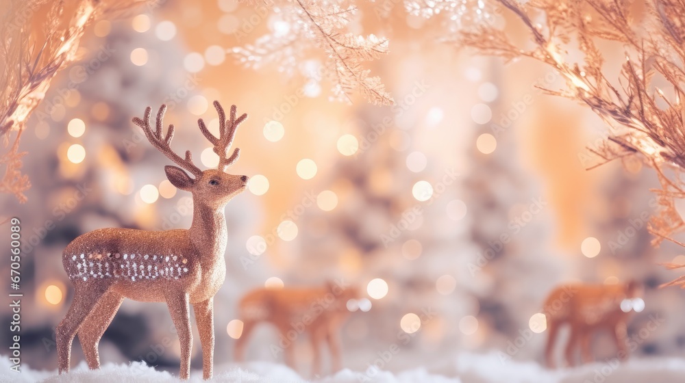 Aufkleber a group of deer standing next to each other on a snow covered field with trees and lights in the bac