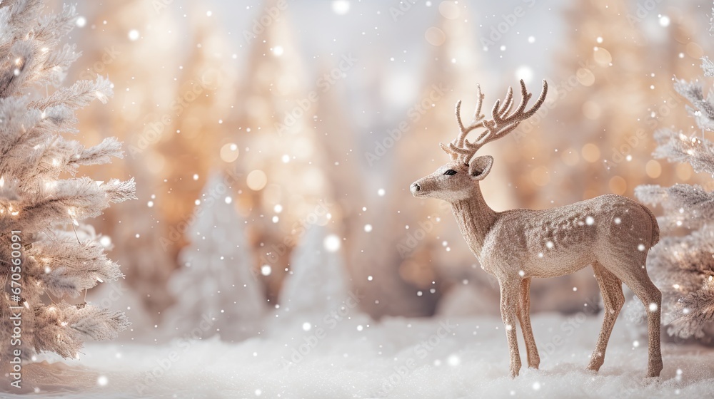 Aufkleber a deer standing in the snow in front of a forest with snow falling on the trees and snowflakes on th