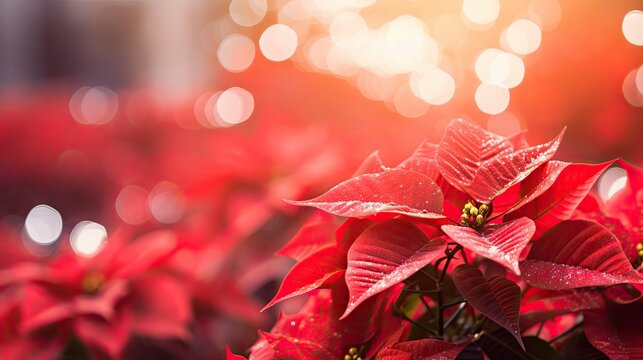  a bunch of red poinsettias sitting on top of a table, with a blurred background The flowers are vibrant and full of life, with their bright red petals standing out