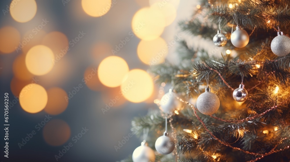 Poster a close up of a christmas tree with a lot of lights in the background and a blurry photo of the tree