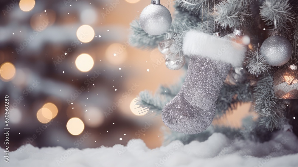 Poster a close up of a christmas tree with a stocking hanging from it's side and a blurry christmas tree in