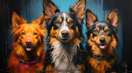 Mural with graffiti of three border collie dogs painted with strong and happy colors. Street art. Painting of domestic animals on a brick wall. Mascot illustration in black, yellow and white. - obrazy, fototapety, plakaty