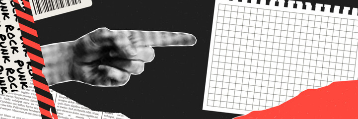 Banner for web site or social media. Trendy grunge collage style with halftone hand. Torn sheets of paper, stickers and caution tape. Blank space for text. Modern vector design.