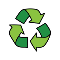 Hand-drawn cartoon doodle recycling icon on a white background.