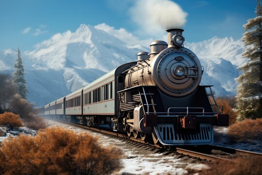 The orient express train moving at speed on the track on a sunny day with mountains in the background.